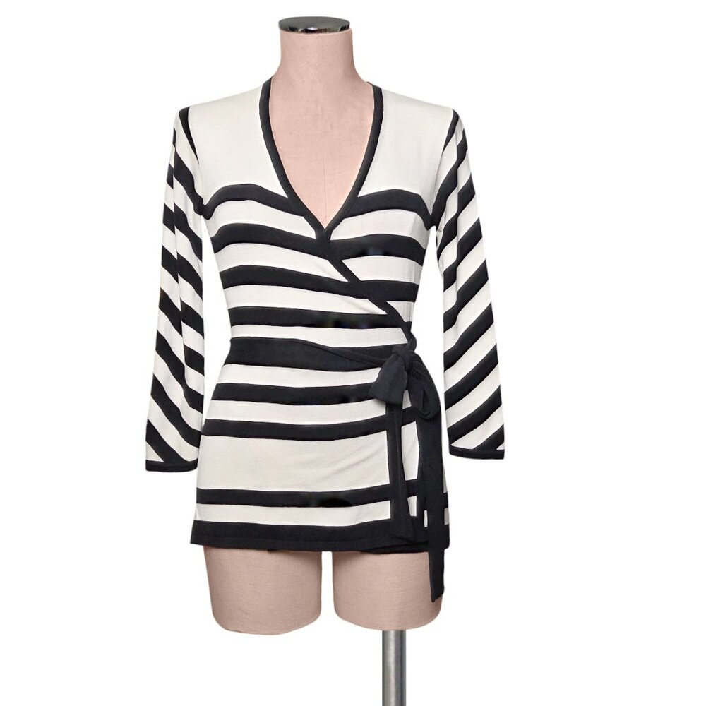DVF Diane Von Furstenberg Black White Striped Long Sleeve Wrap Blouse Knit Top S